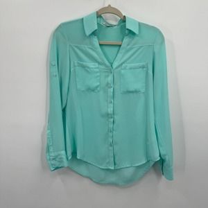 Express Shirt The Portofino Women Extra Small Aqua Mint Sky Blue Roll Tab Sleeve